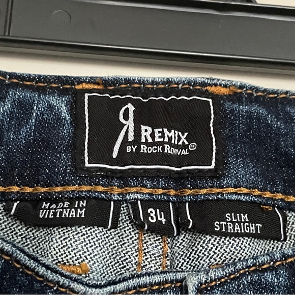 Remix By Rock Revival Distressed Slim Straight Jeans Size 34 Destroyed Blue - Picture 3 of 6